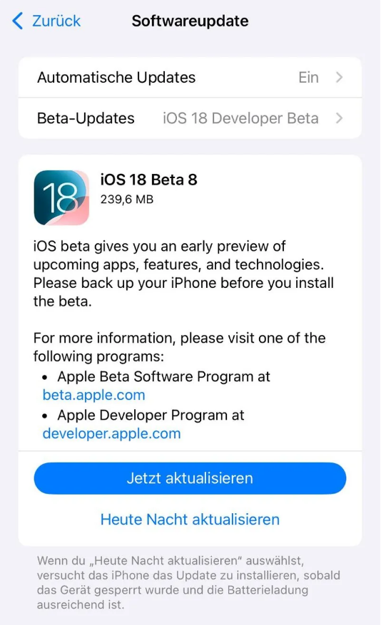 滦平苹果手机维修分享苹果 iOS / iPadOS 18 开发者预览版 Beta 8 发布 